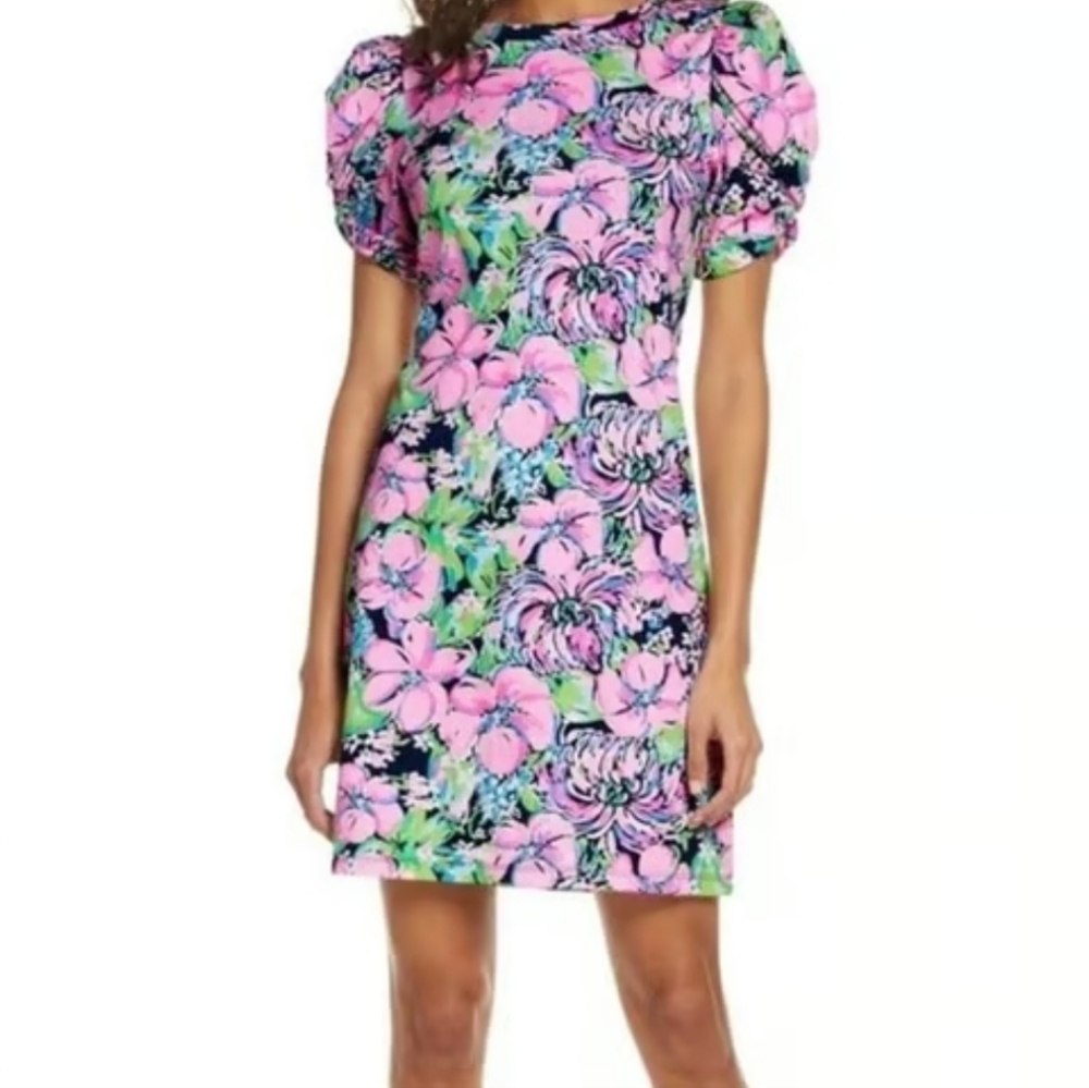 Lilly Pulitzer Anabella Puff Sleeve Dress In High Tide Navy Size XS